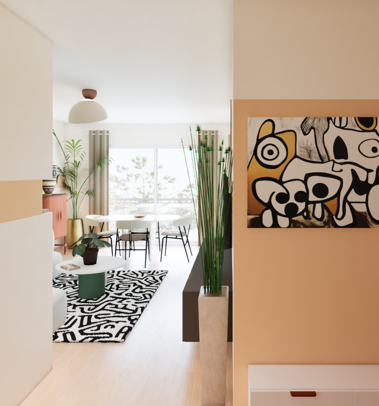 Décoration stylisée Intérieur moderne avec un espace ouvert, décoration graphique.