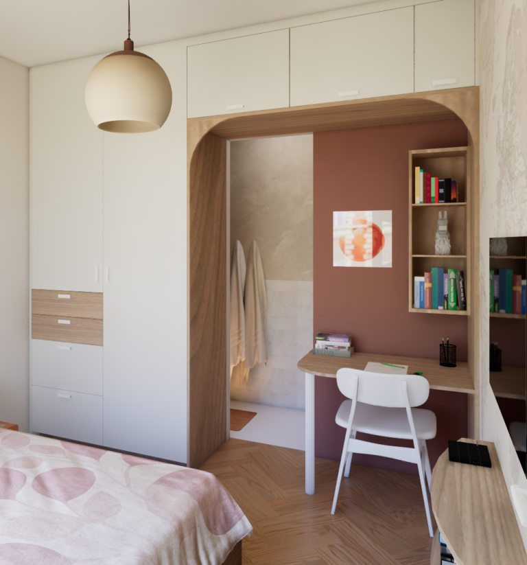 Modules multi-usages Chambre moderne avec rangements intégrés et accès à une salle de bain.